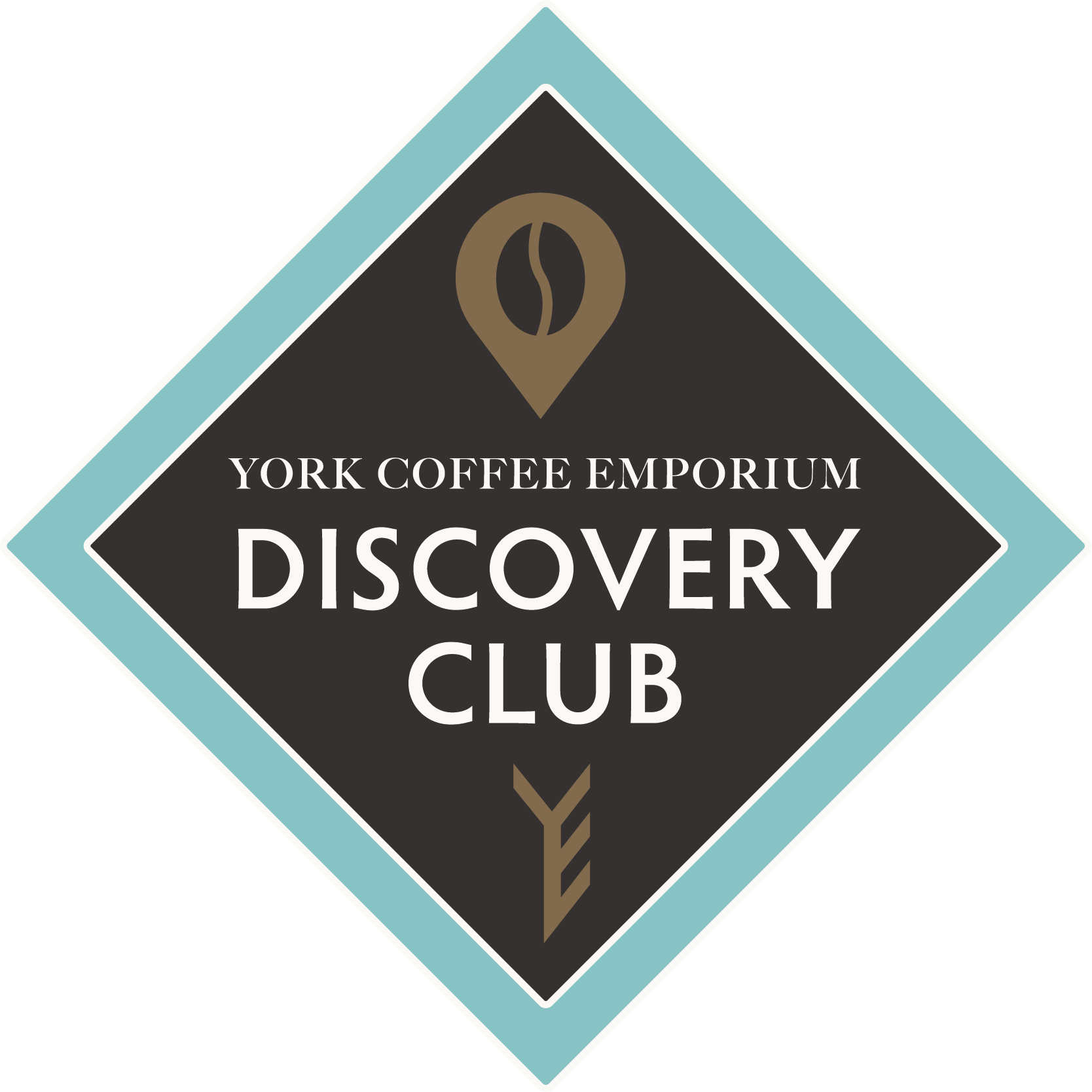 York Coffee Emporium Discovery Club logo featuring a diamond-shaped badge with a coffee bean marker icon and stylised YCE initials.