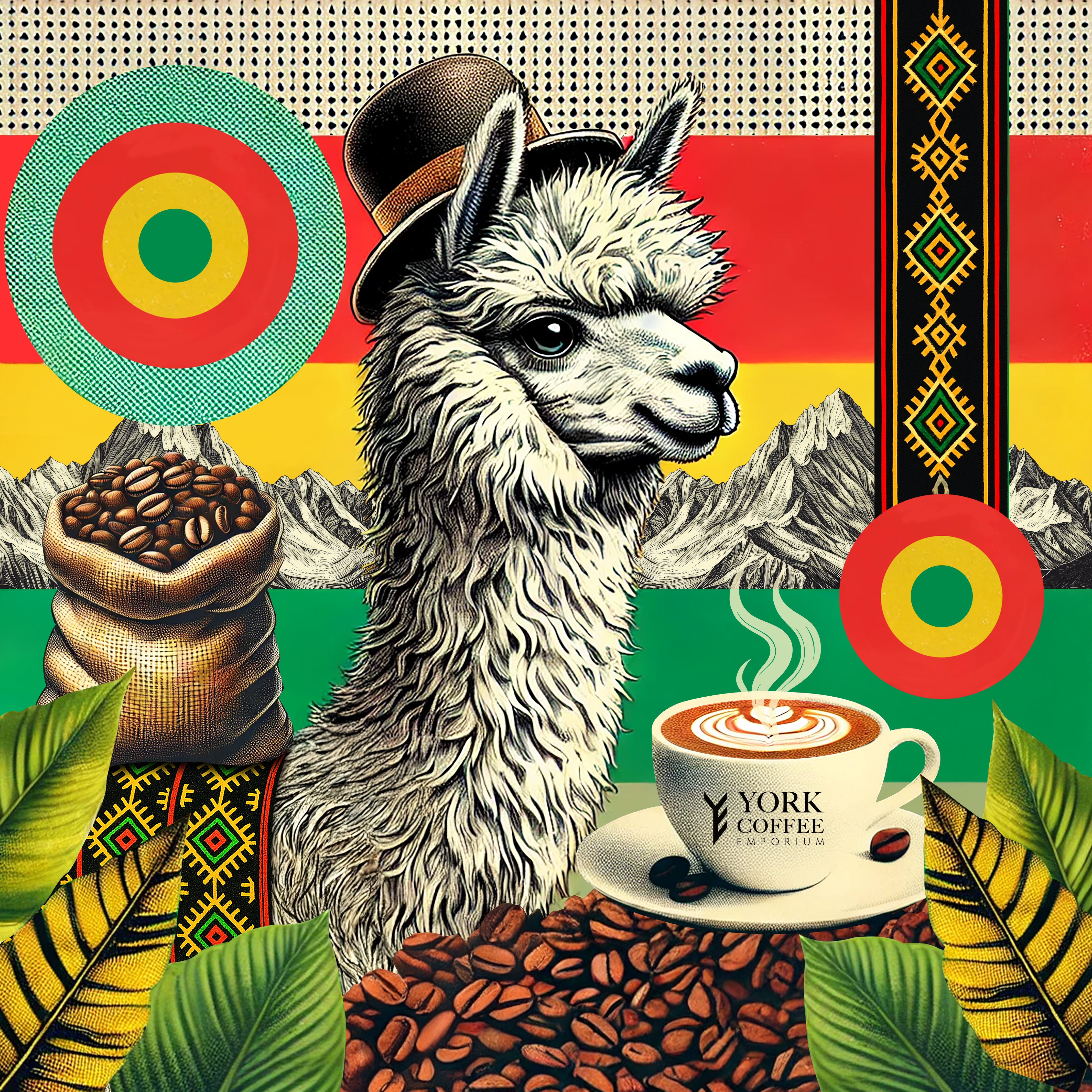 Illustrated llama in bowler hat with coffee cup, mountains, and Bolivian patterns in the background.