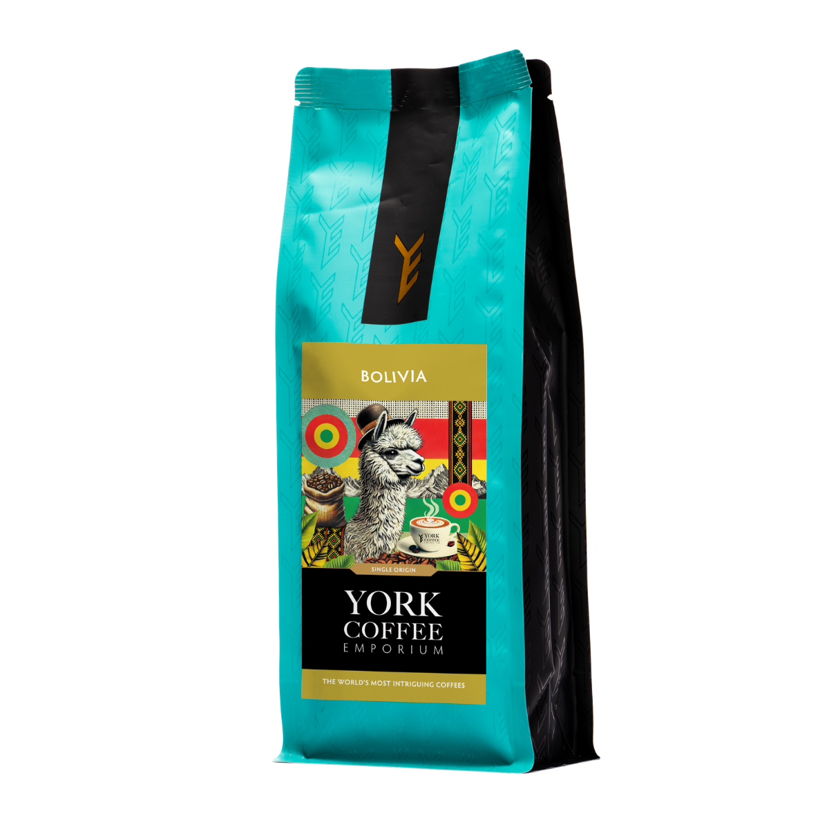 Bolivia coffee bag from York Coffee Emporium with illustrated llama label.