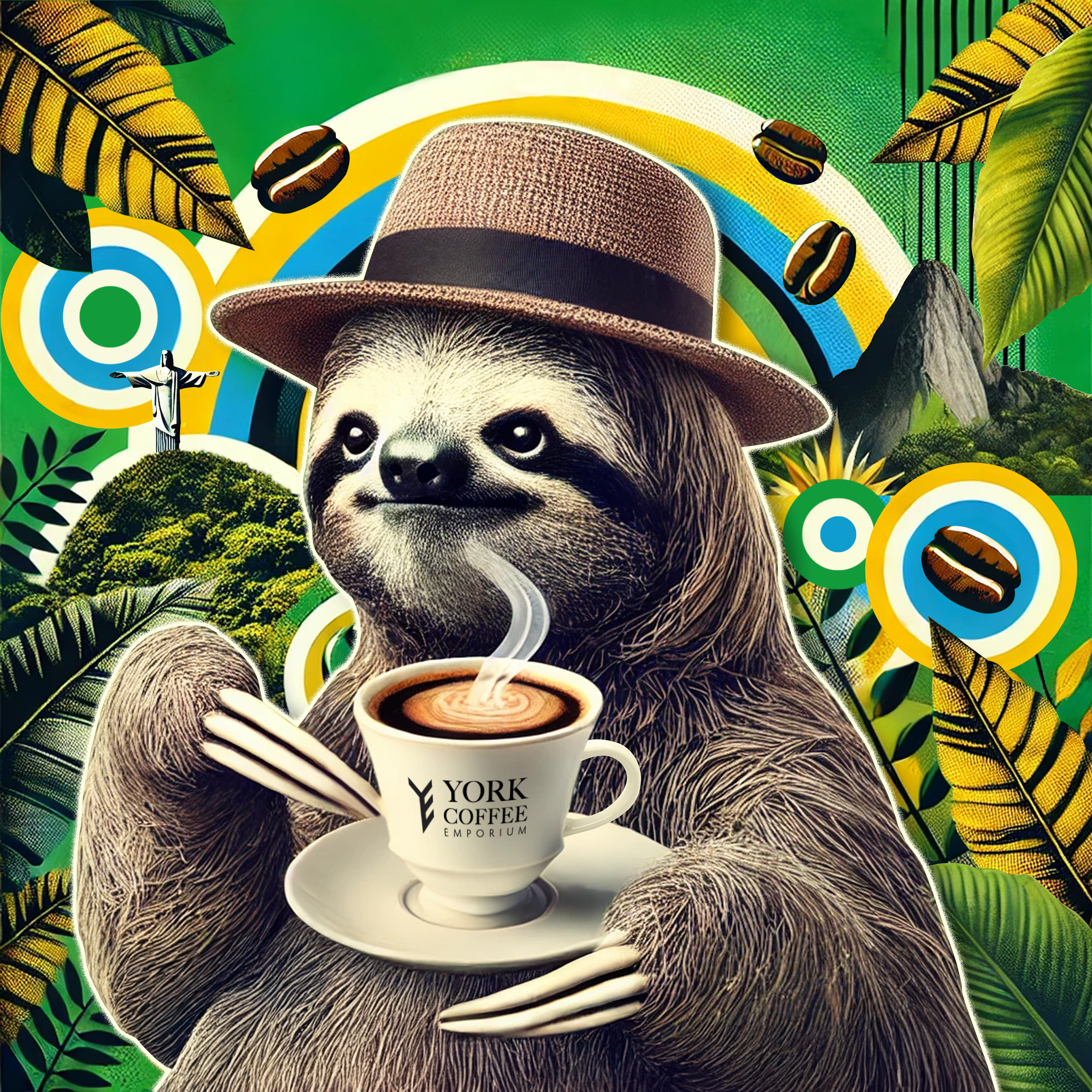 Illustrated sloth in a hat holding a York Coffee cup, with Brazilian rainforest and Christ the Redeemer in the background.