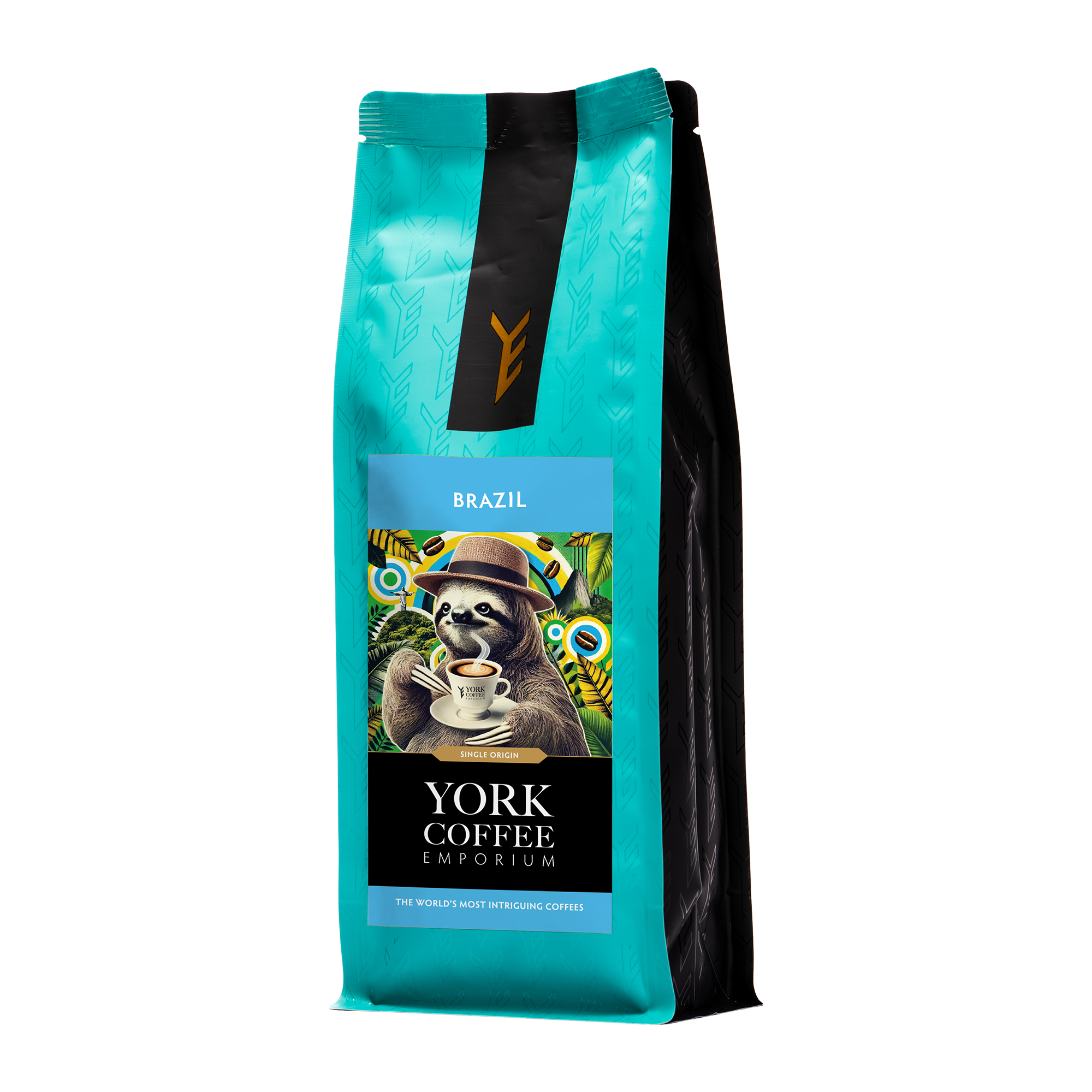 Brazil coffee bag from York Coffee Emporium with illustrated sloth label.