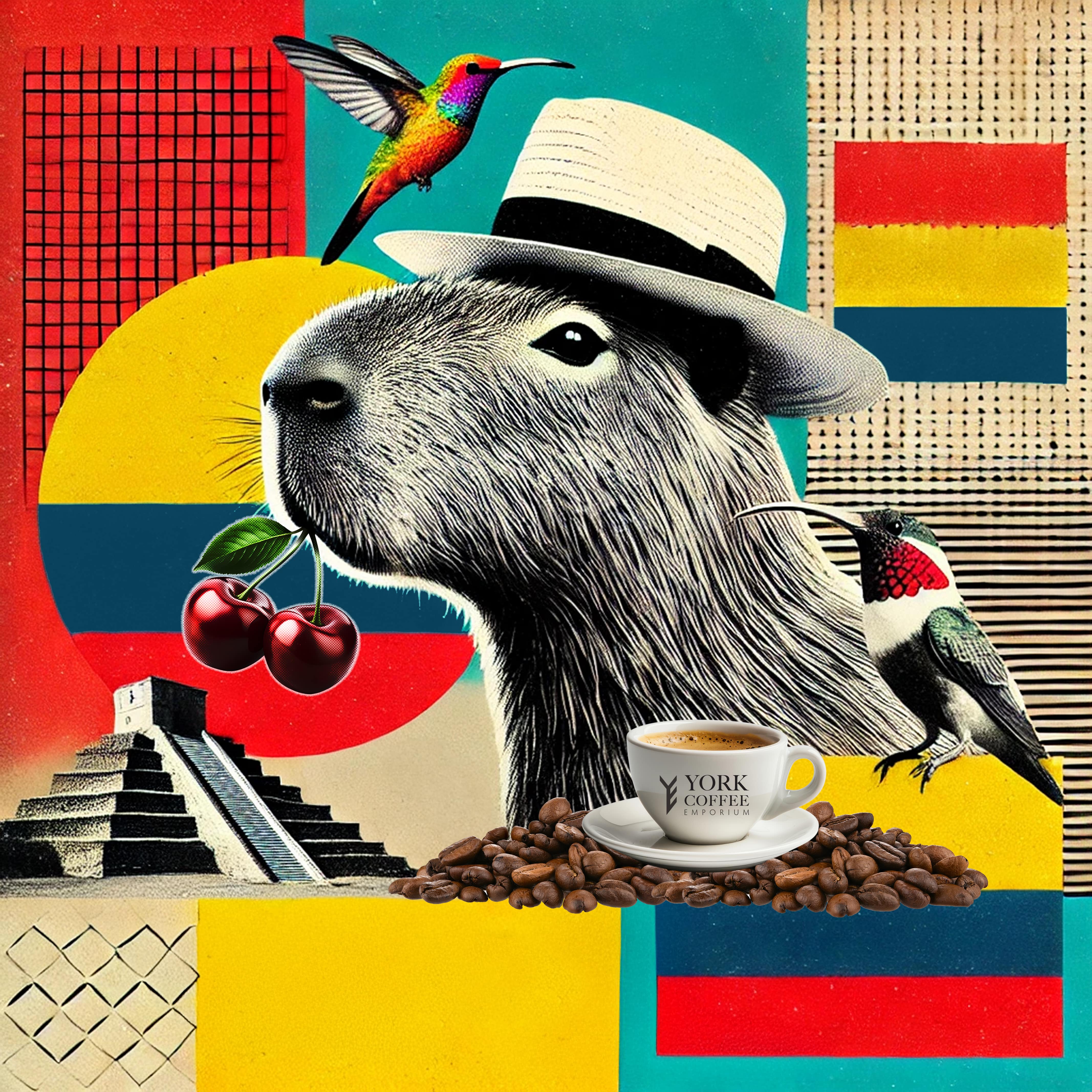 Illustrated capybara with coffee cherries and a cup of York Coffee, set against a vibrant Colombian backdrop.
