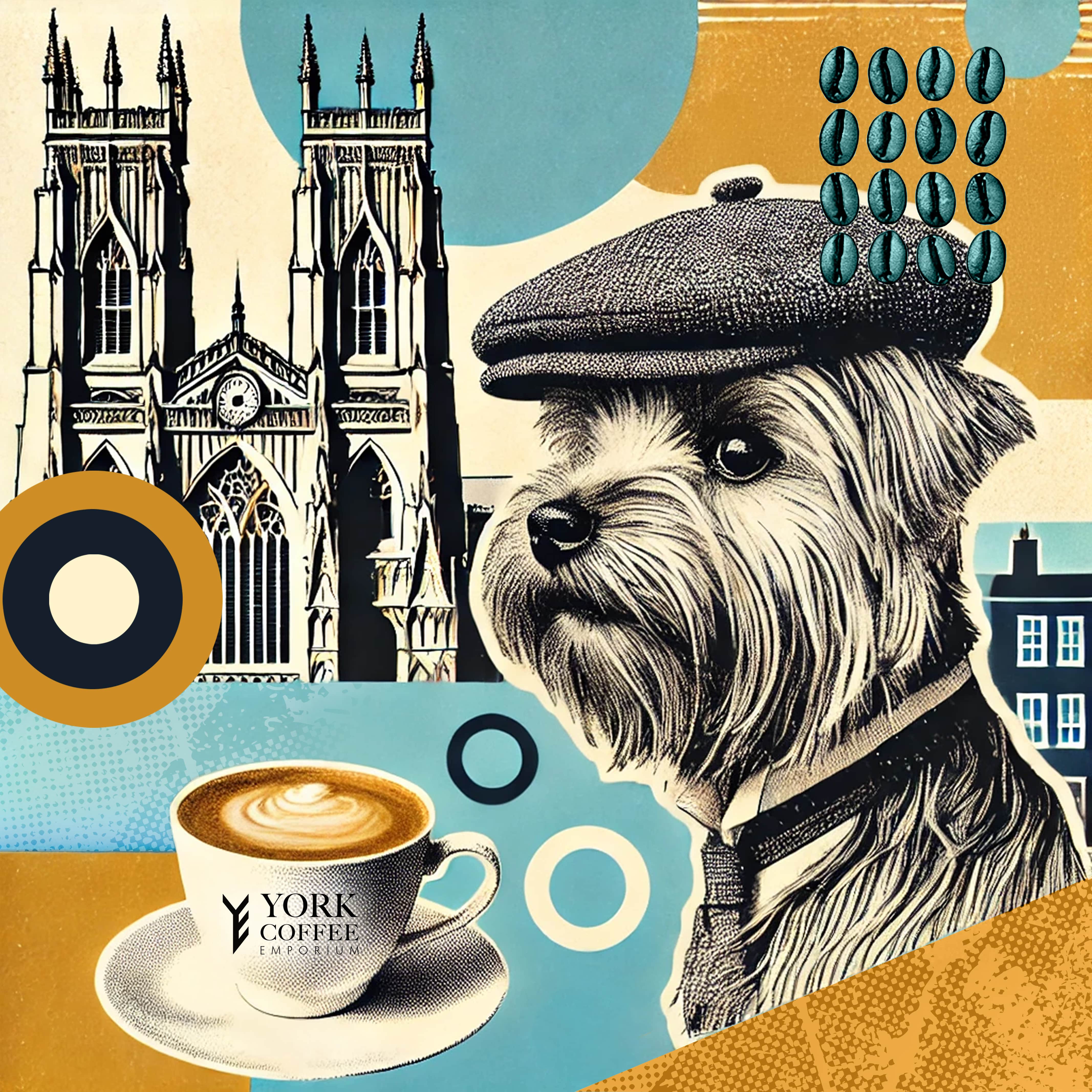 Illustrated dog in flat cap with York Minster and a coffee cup in the background.