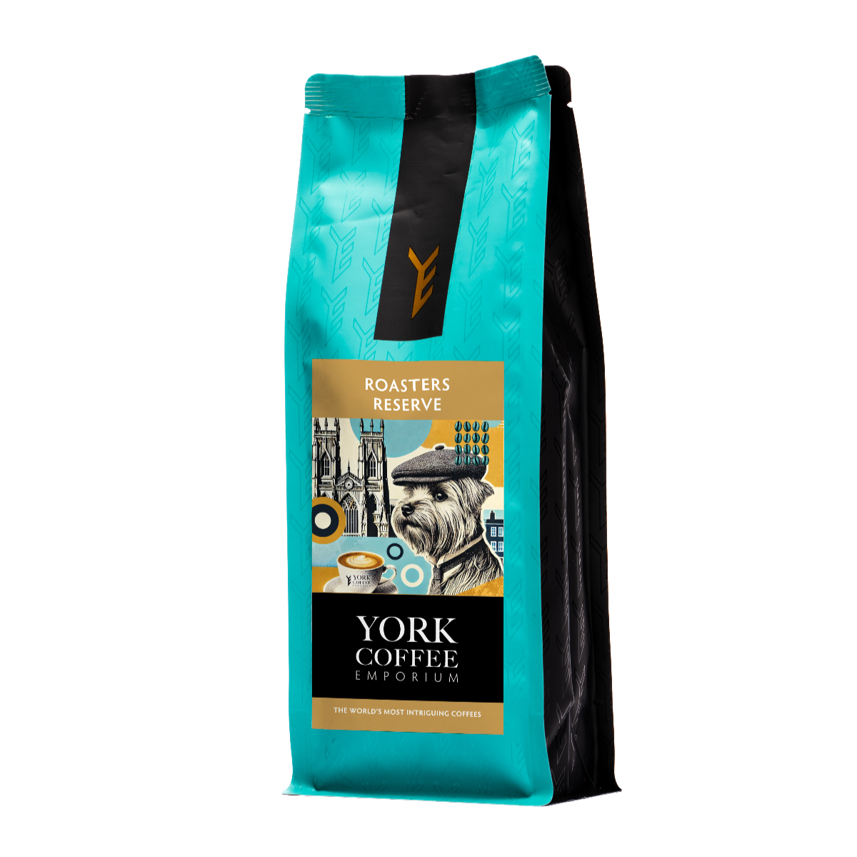 Roasters Reserve coffee bag from York Coffee Emporium with illustrated dog in flat cap.