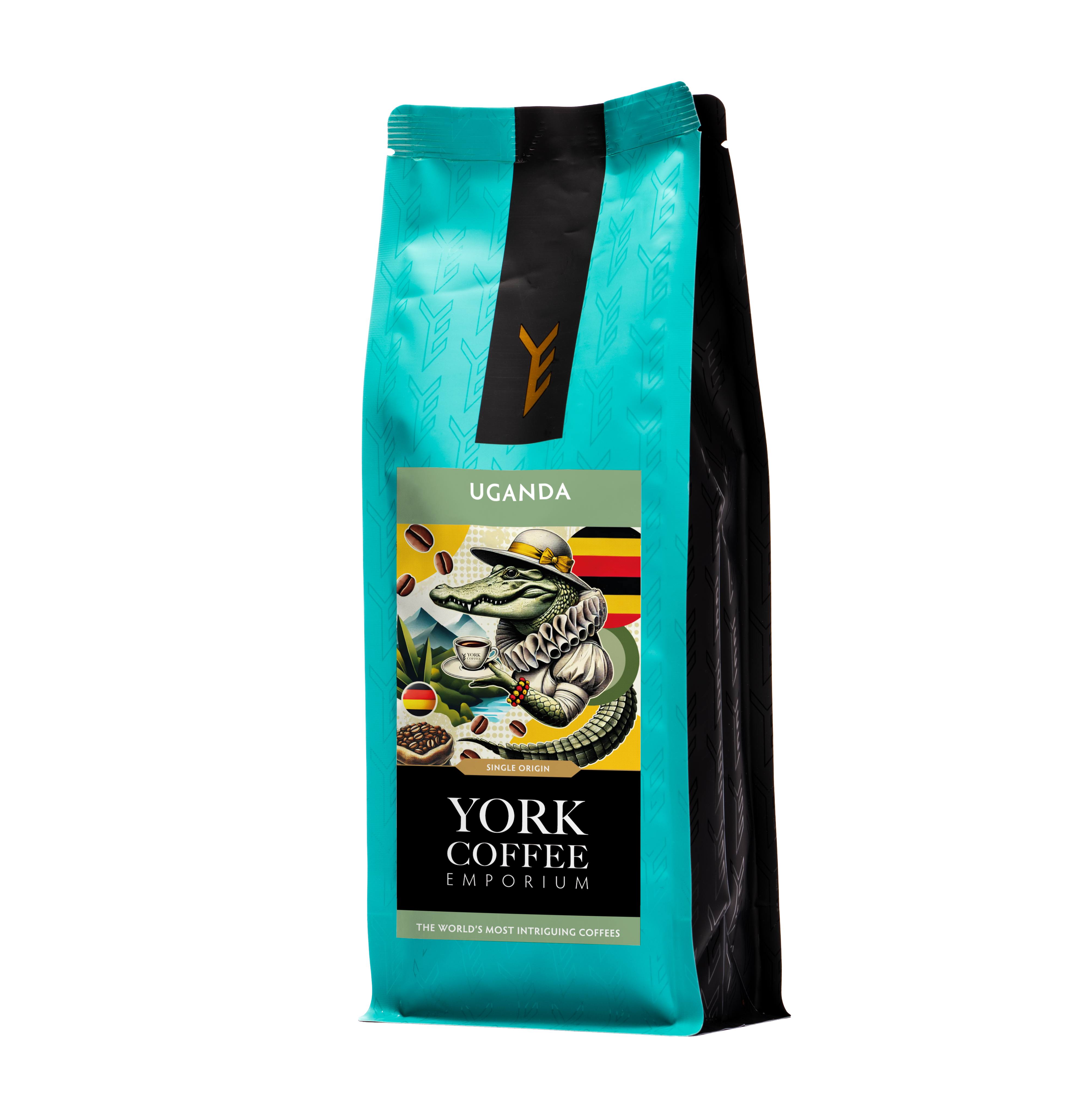 Uganda coffee bag from York Coffee Emporium with illustrated Uganda crocodile label.