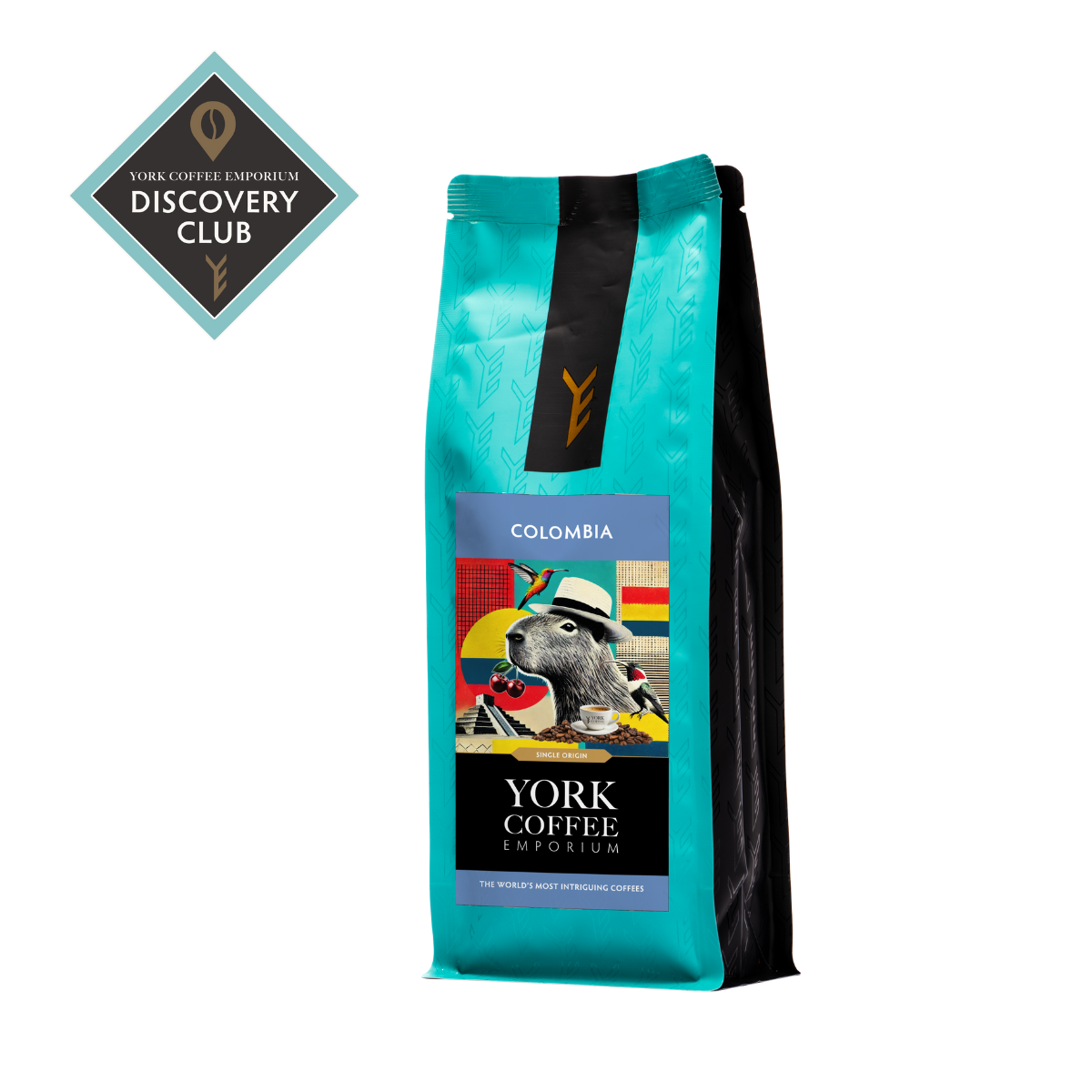 Colombia coffee bag from York Coffee Emporium with Discovery Club badge.