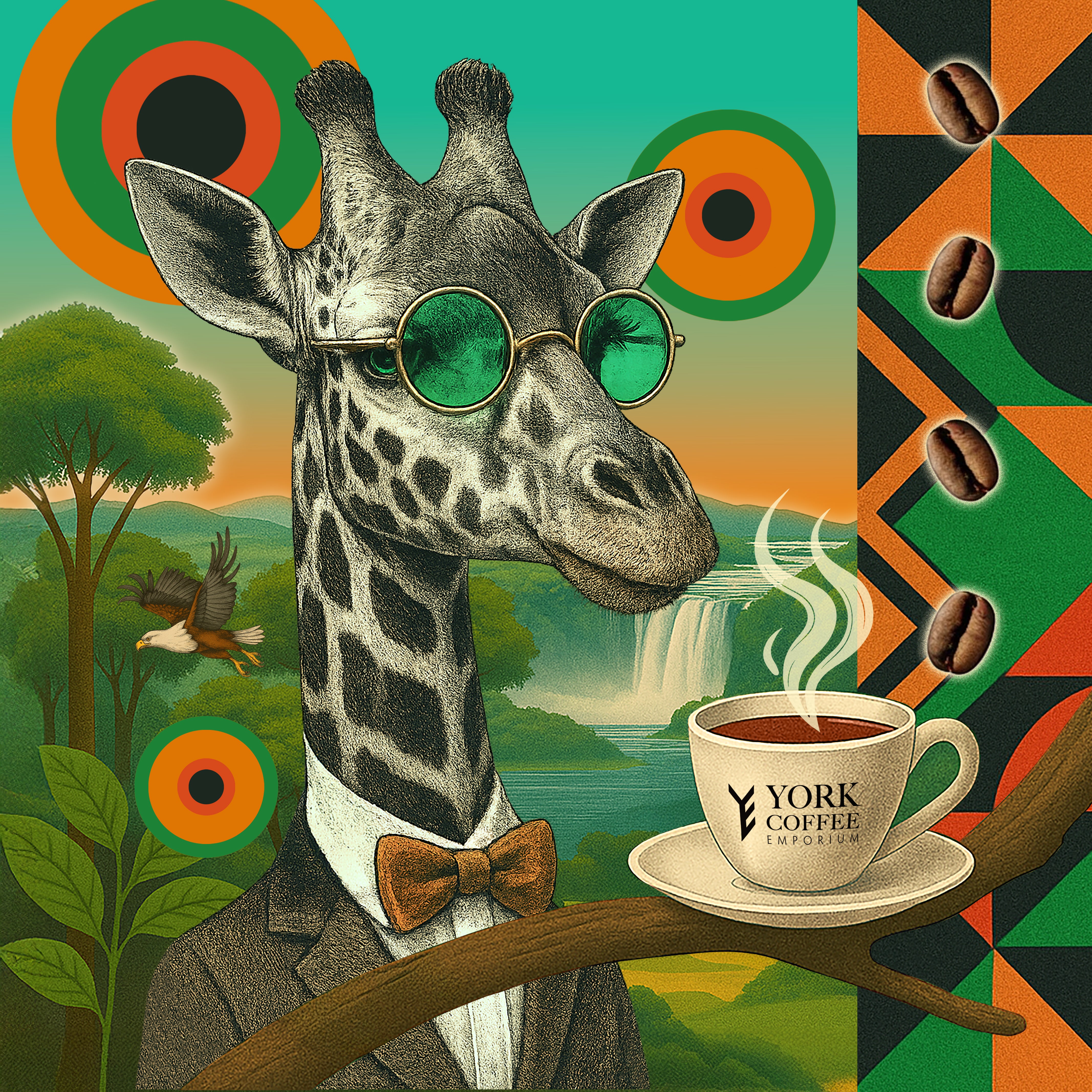 Illustrated giraffe in glasses and bow tie holding a York Coffee cup, with Zambian scenery in the background.