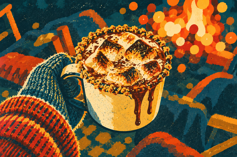 S'mores mocha topped with toasted marshmallows by a bonfire