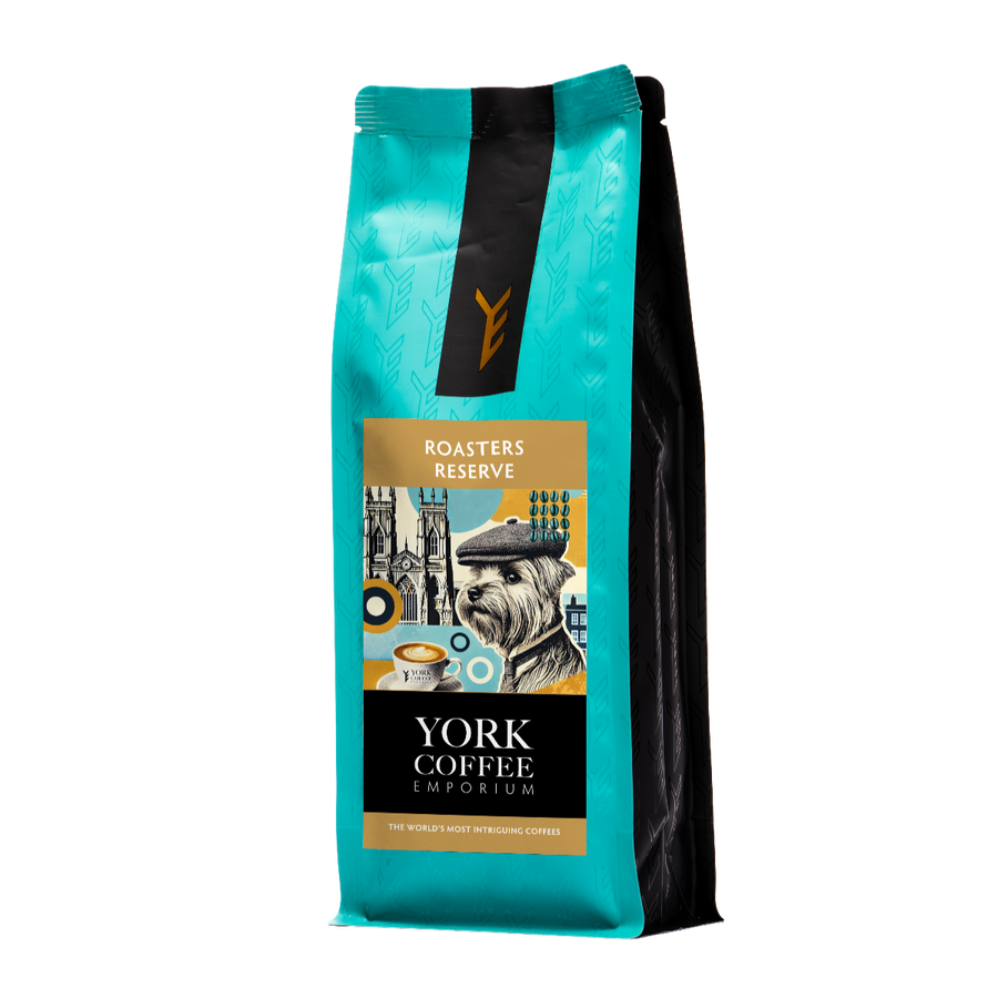 Roasters Reserve coffee bag from York Coffee Emporium with illustrated dog in flat cap.