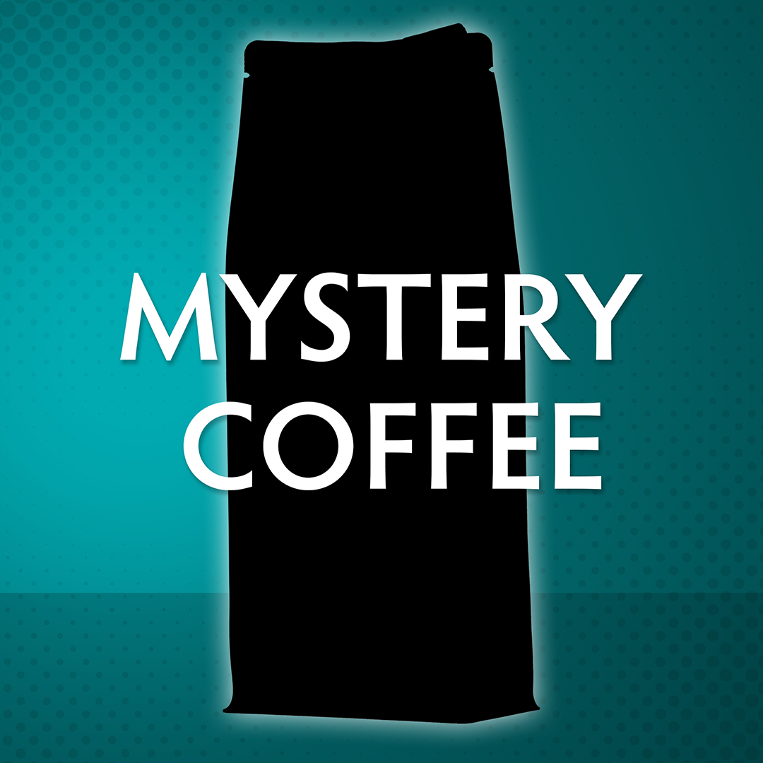 Silhouetted coffee bag on a teal background with bold white text that reads “Mystery Coffee.”